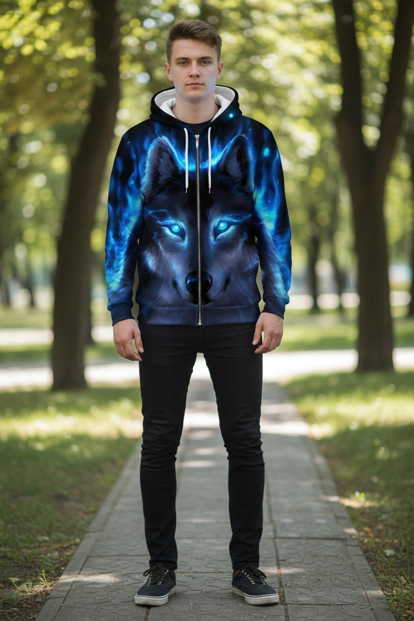Hoodie with a wolf design featuring blue glowing eyes on a white background