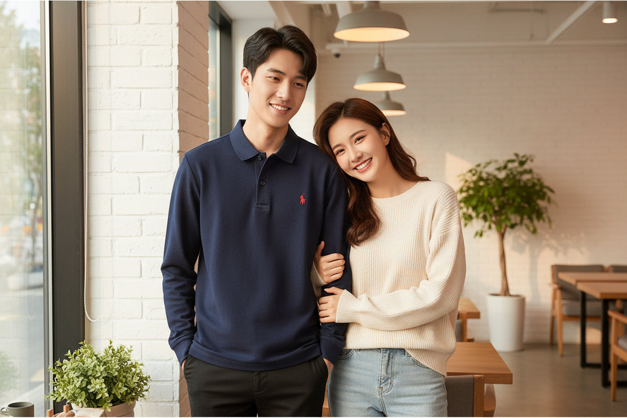 Navy blue polo shirt with a red logo on a hanger, held by a hand.