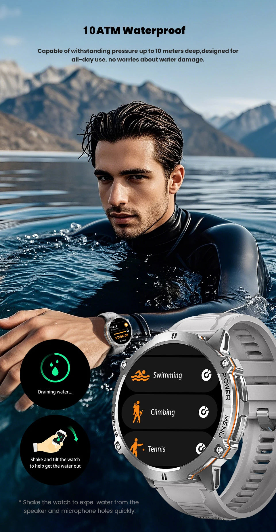 Man in wetsuit holding a smartwatch with water resistance features displayed.