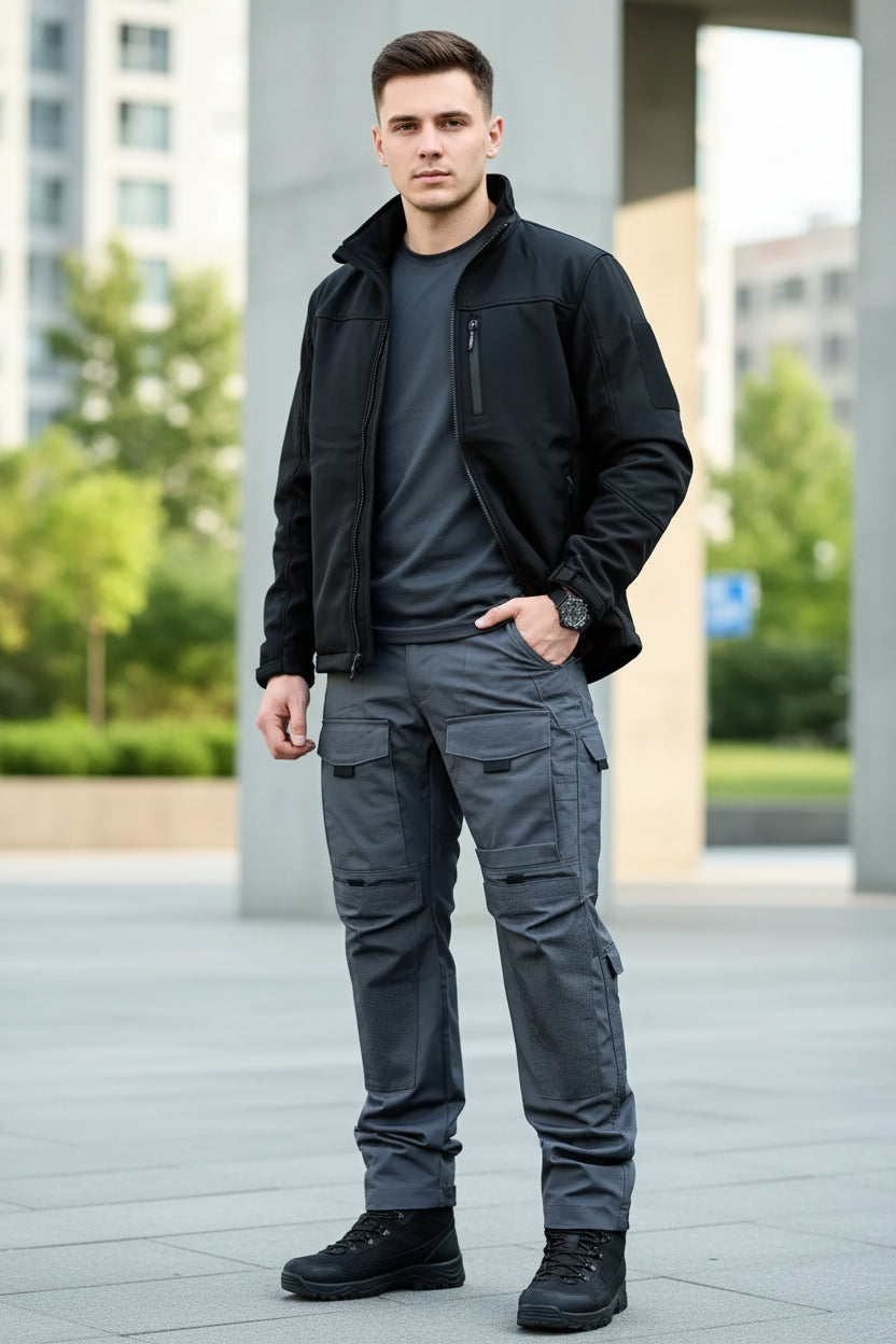 Person wearing dark tactical pants with multiple pockets on a gray background