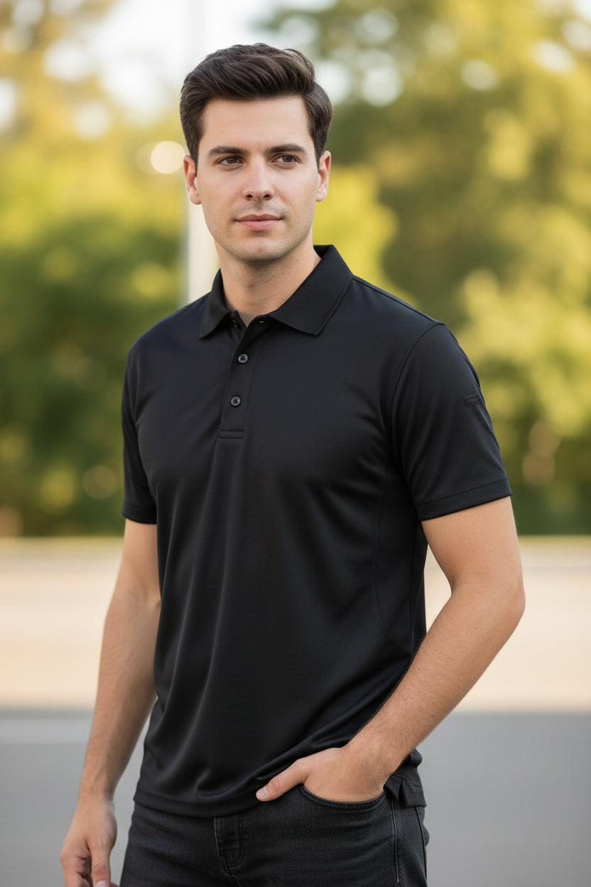 Black polo shirt on a white background