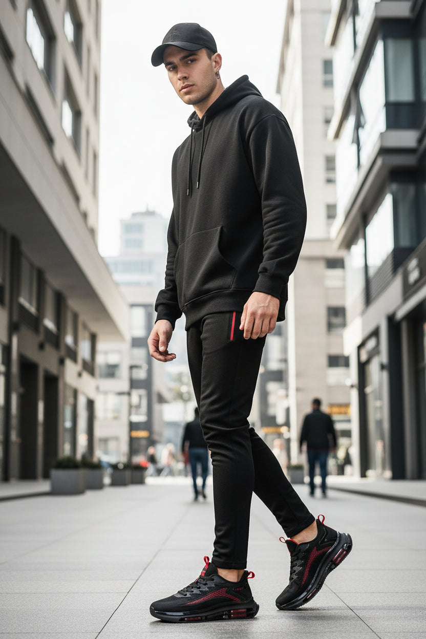 Black and red athletic shoes on a reflective surface with a gray background
