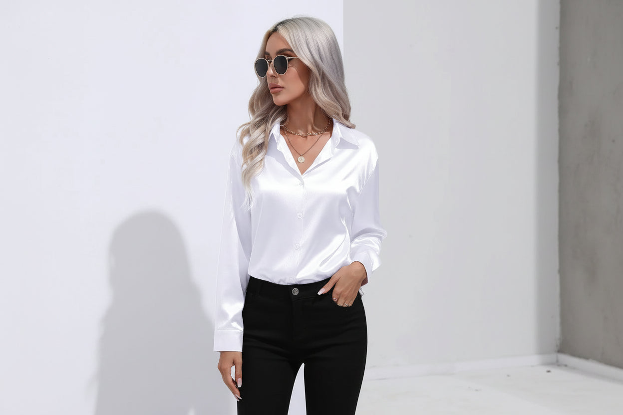 Woman wearing a white shirt and black pants with sunglasses on a plain background