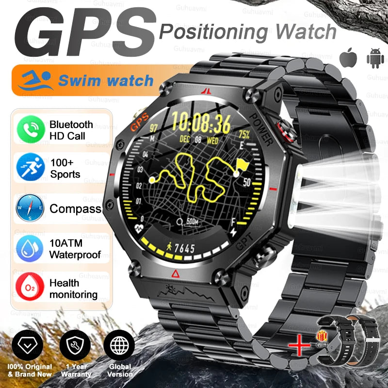 GPS Positioning Watch with metal band on a white background