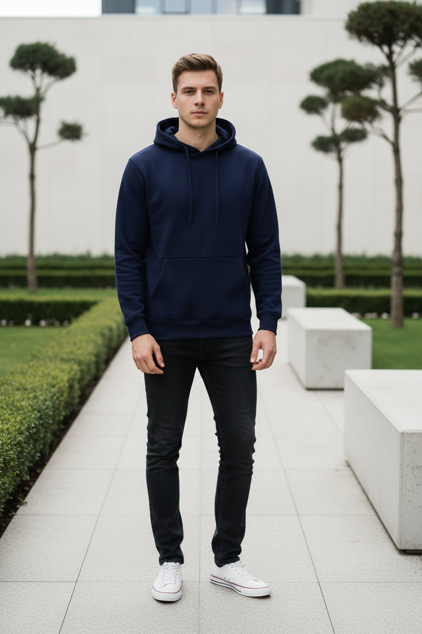 Navy blue hoodie on a white background