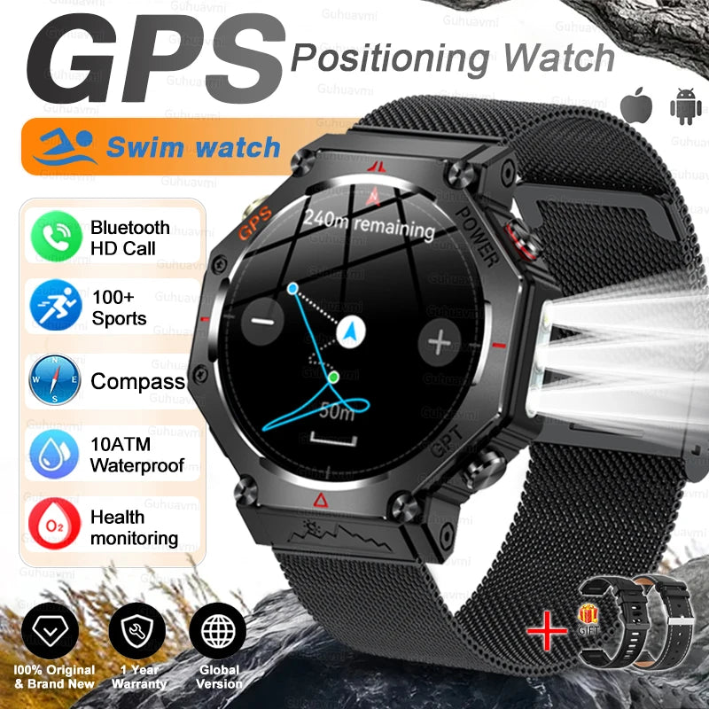 GPS positioning watch with features listed on a white background
