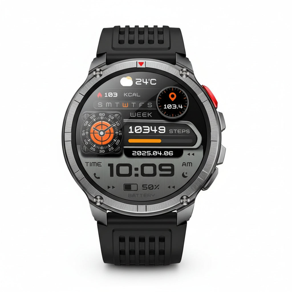 Smartwatch with features highlighted on a promotional graphic