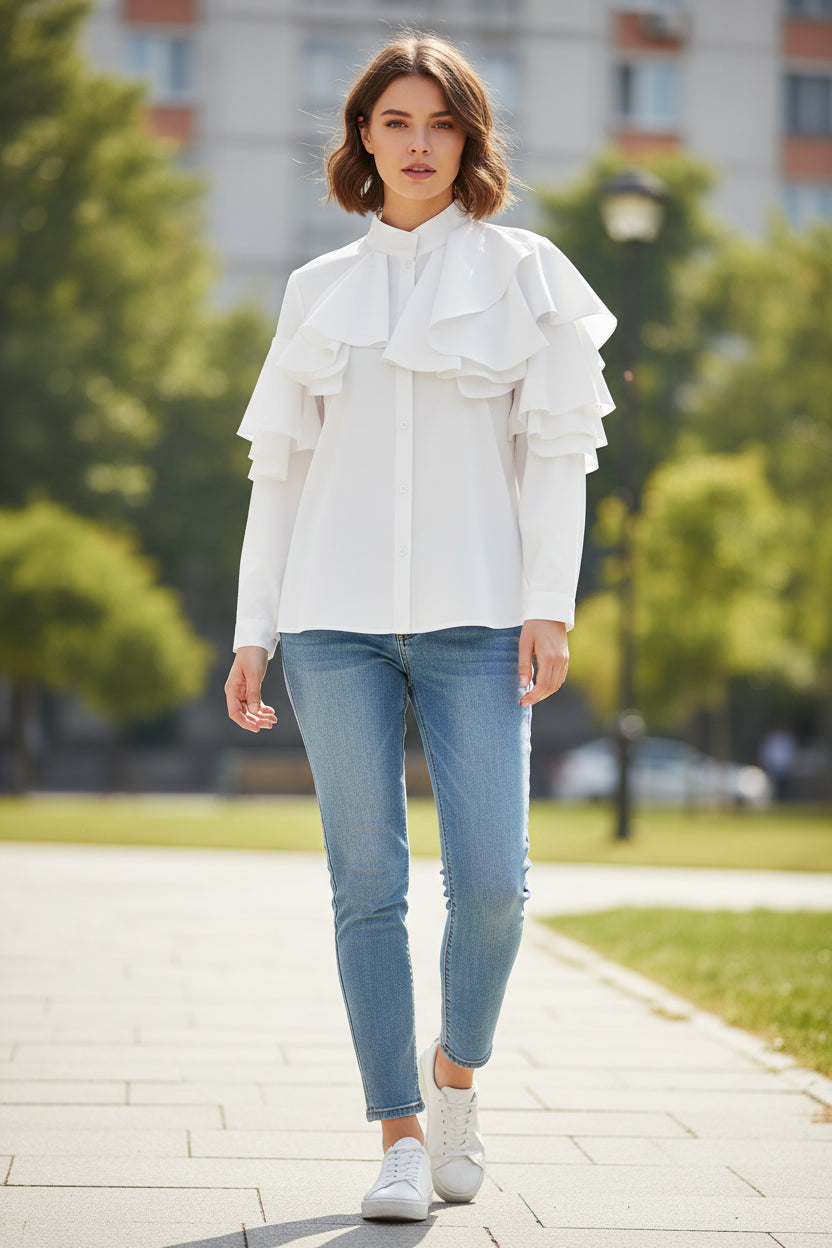 White blouse with ruffled details on a white background