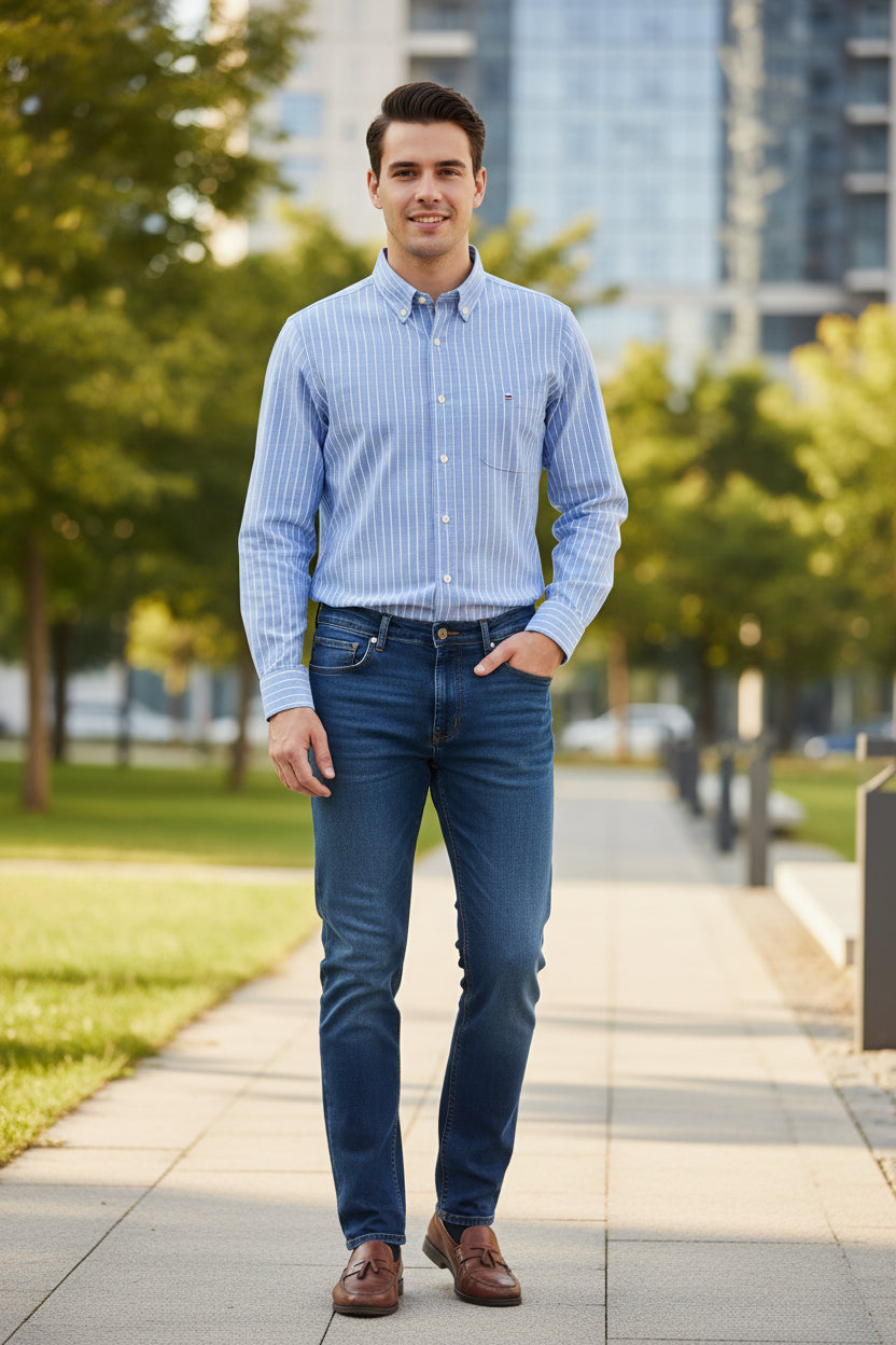 Folded blue striped shirt with brand logo on a white background