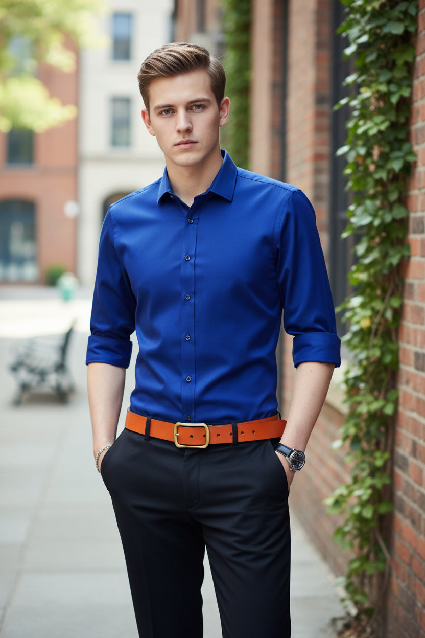 Blue dress shirt with rolled-up sleeves worn by a person on a white background