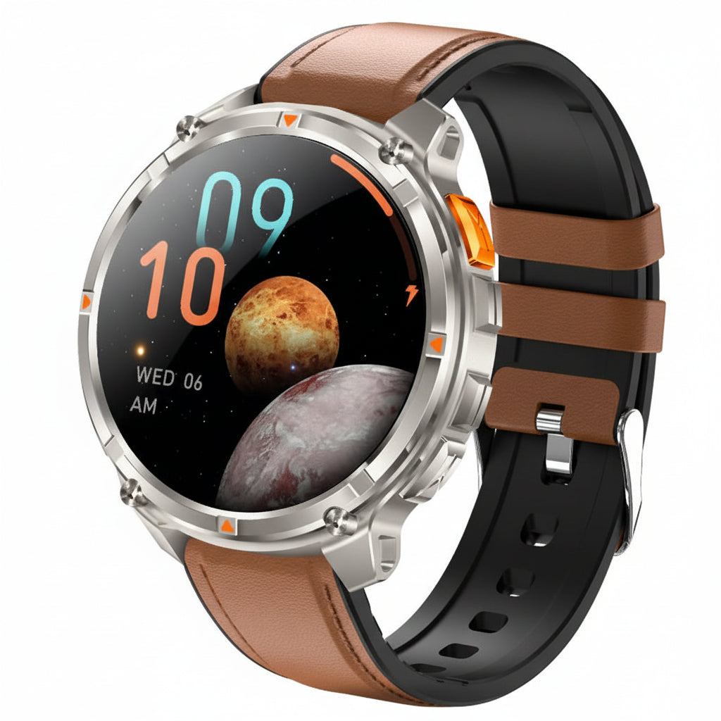 Smartwatch with brown leather strap and detailed features on a gray background