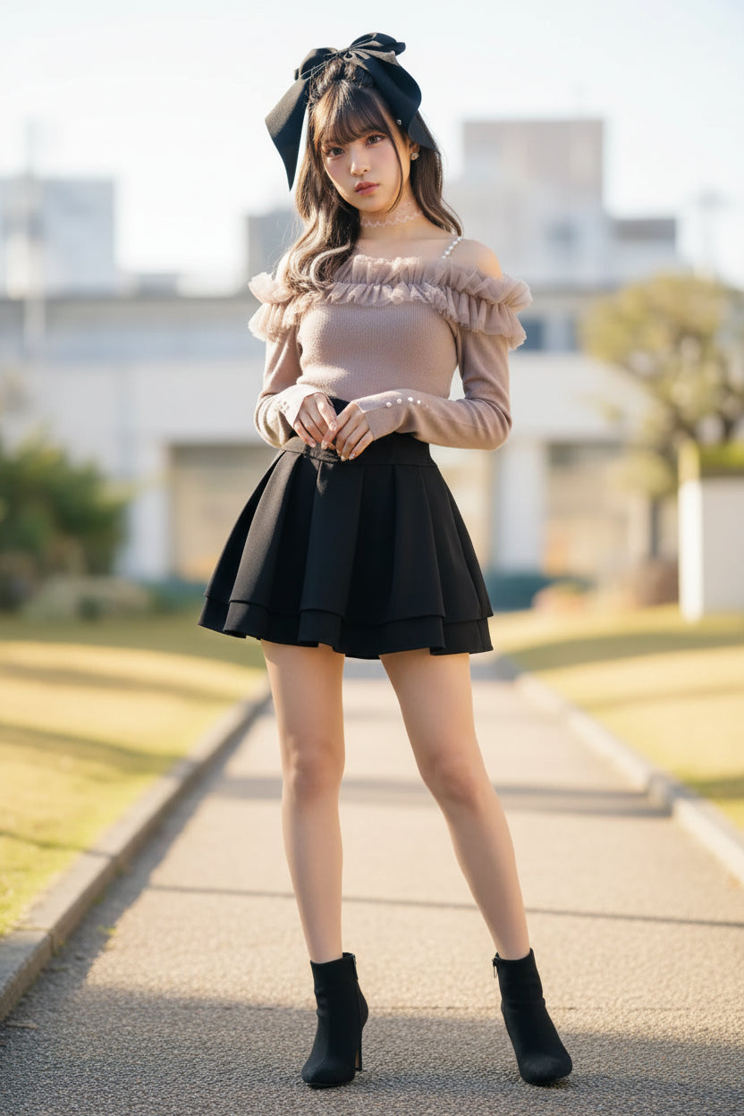 Woman wearing a beige off-shoulder top and black skirt with a large black bow in her hair against a light pink background.