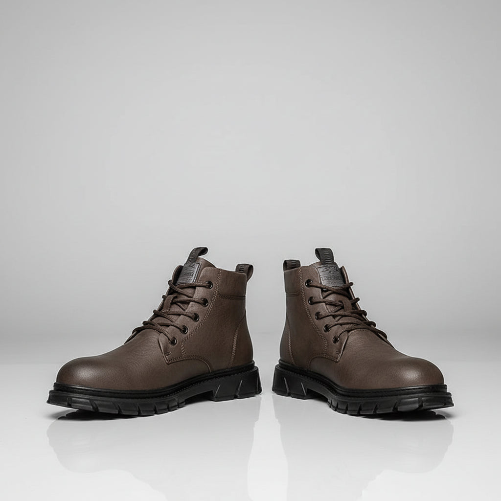 Brown leather boots being held up with a blurred background
