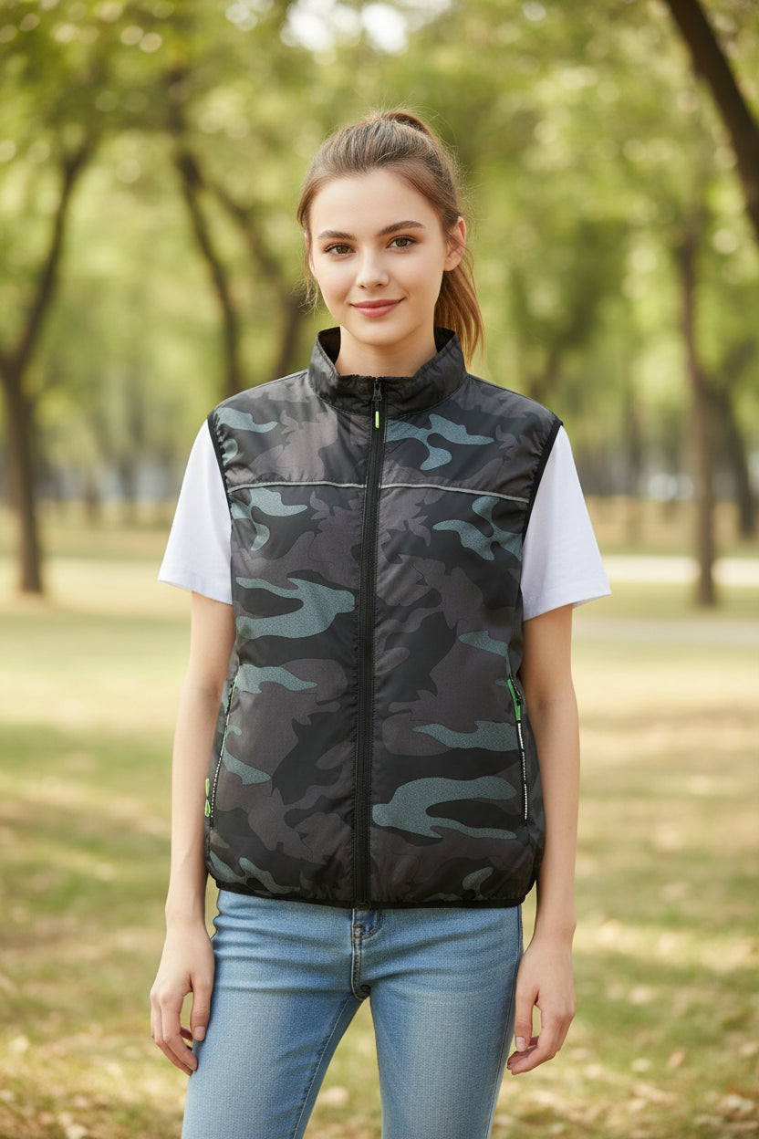 Camouflage vest worn by a person on a white background with Maxbarley logo.