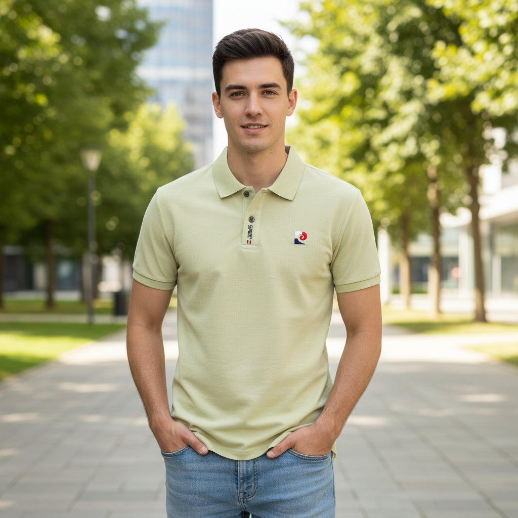 Light green polo shirt with brand logo held by a hand, hanging on a rack with other shirts.