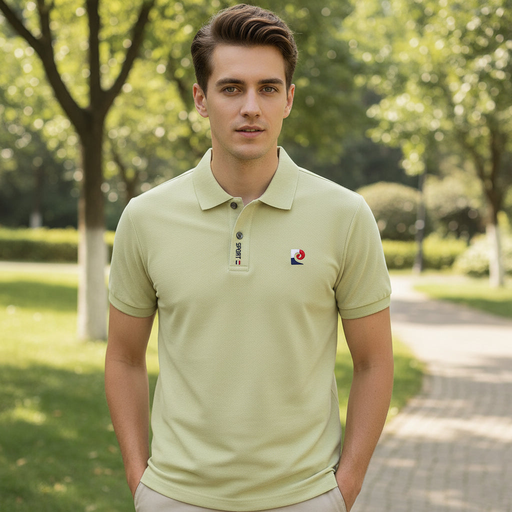 Light green polo shirt with brand logo held by a hand, hanging on a rack with other shirts.