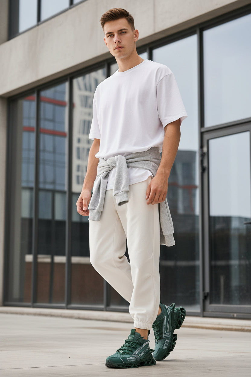 Green running shoes worn with white pants on a blurred indoor background