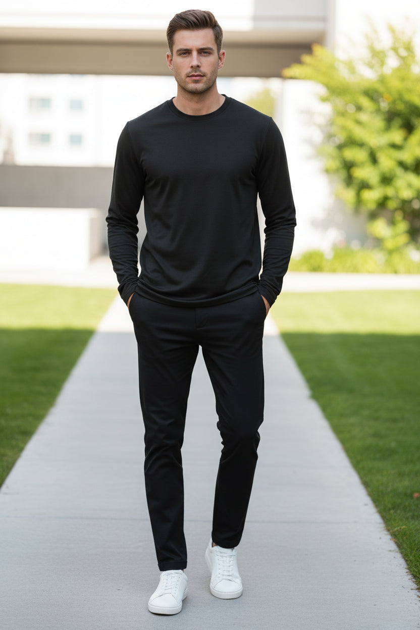 Man wearing a black long-sleeve shirt on a white background