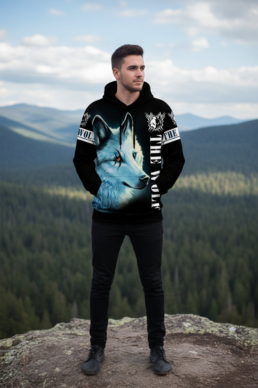 Hoodie with a wolf design on a white background