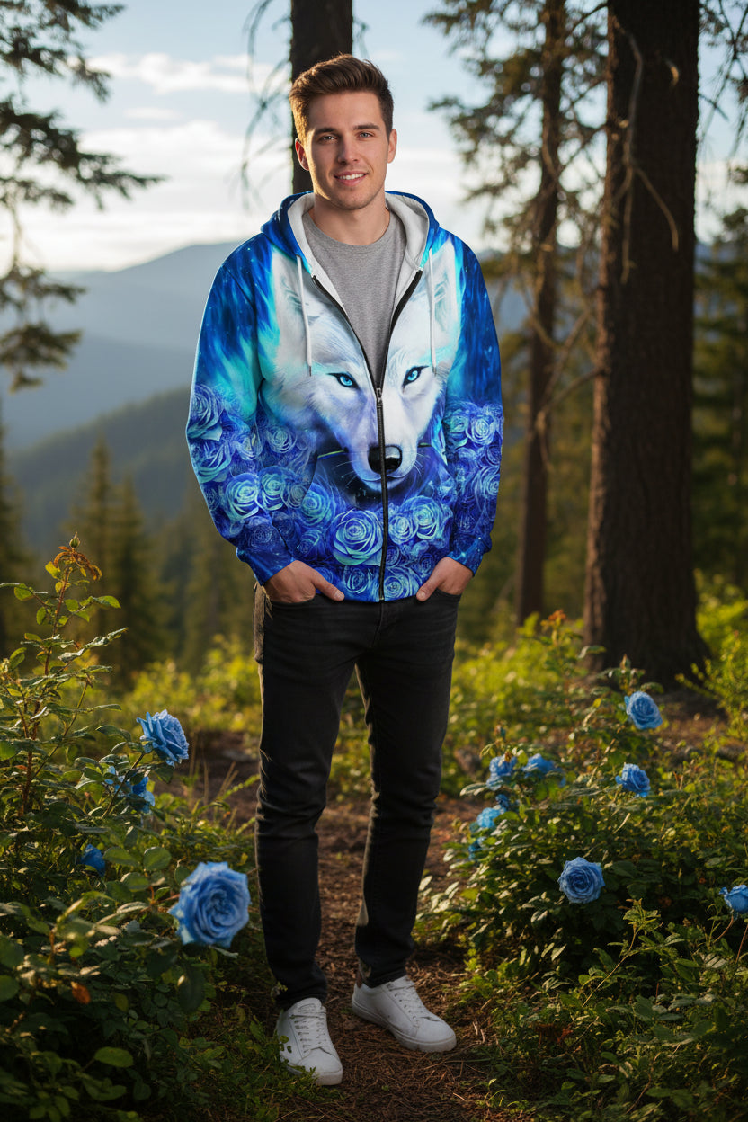 Hoodie with a wolf and floral design on a white background