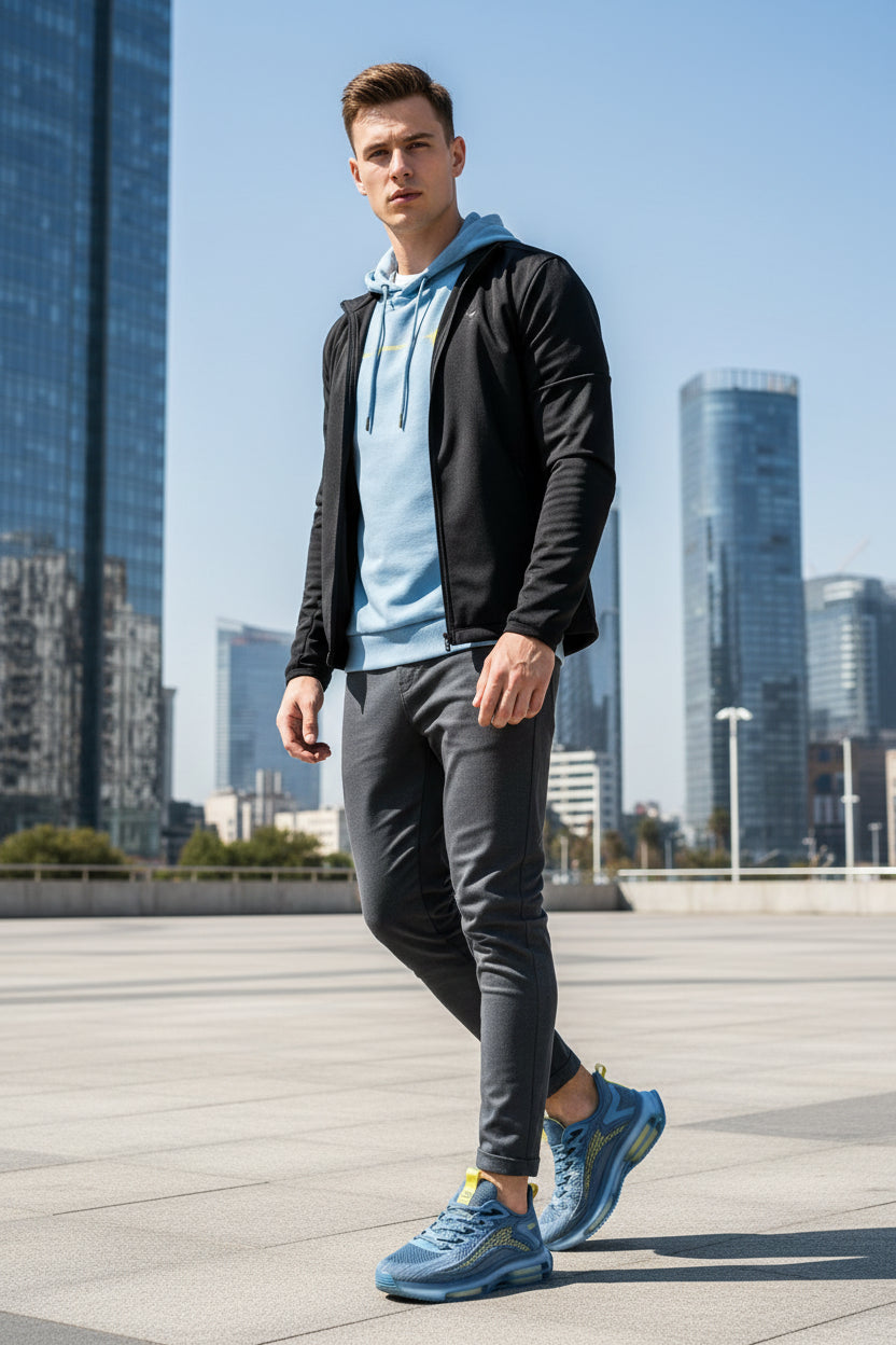 Blue and gray athletic shoes with yellow accents on a reflective surface.