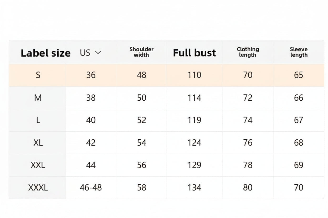 Size chart for clothing with label sizes, shoulder width, full bust, clothing length, and sleeve length.