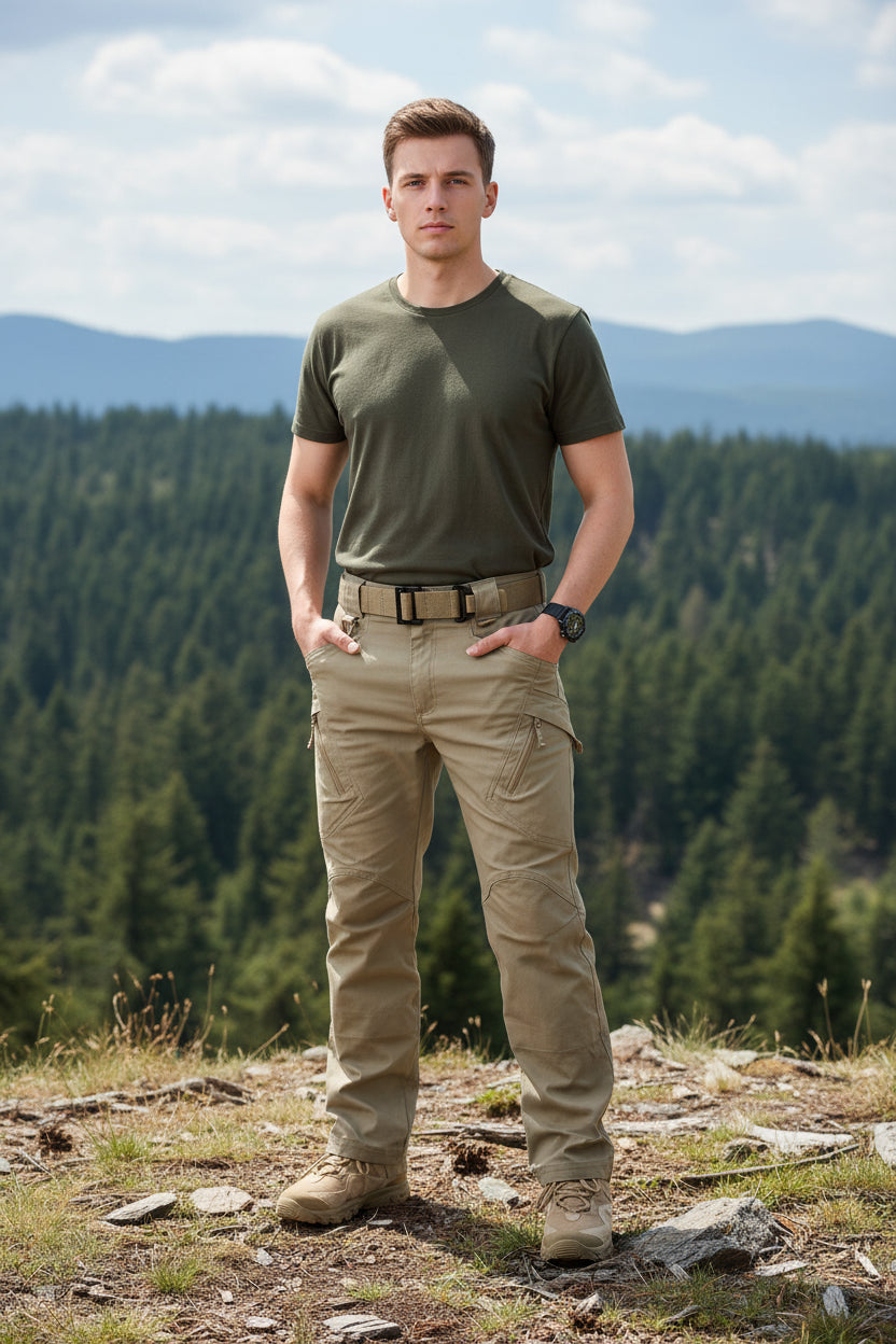 Khaki pants with a belt on a white background