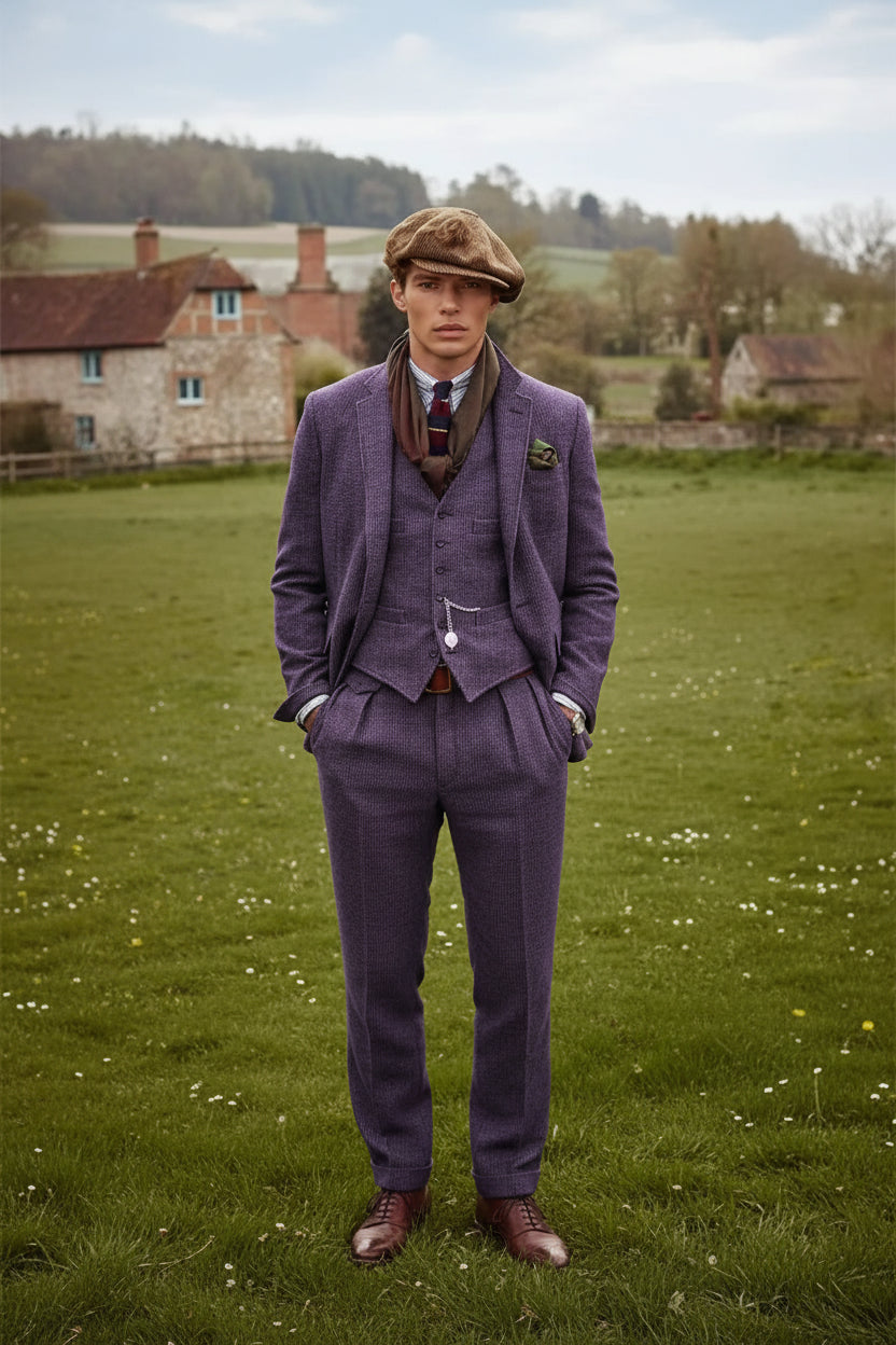 Man in a purple suit and brown cap standing in a field with a village in the background