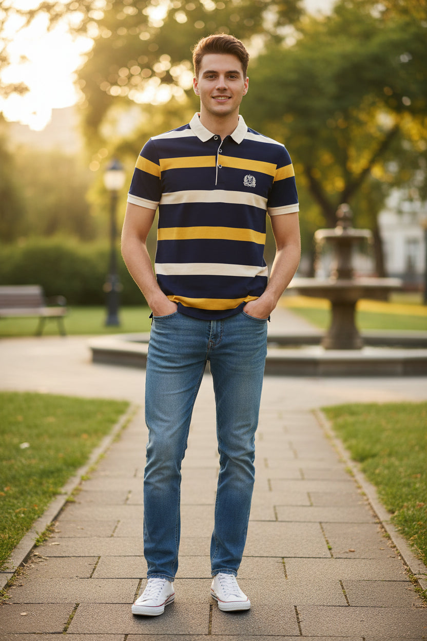 Navy, yellow, and beige striped polo shirt with a logo on a white background