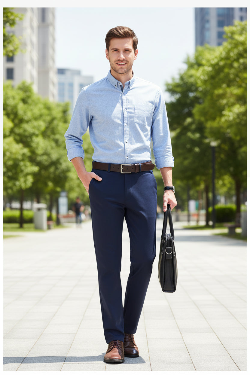 Person wearing navy blue dress pants with a brown belt and shoes, holding a black leather bag on a light gray background.