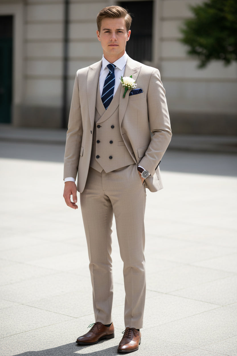 Beige suit with a blue tie and pocket square on a white background