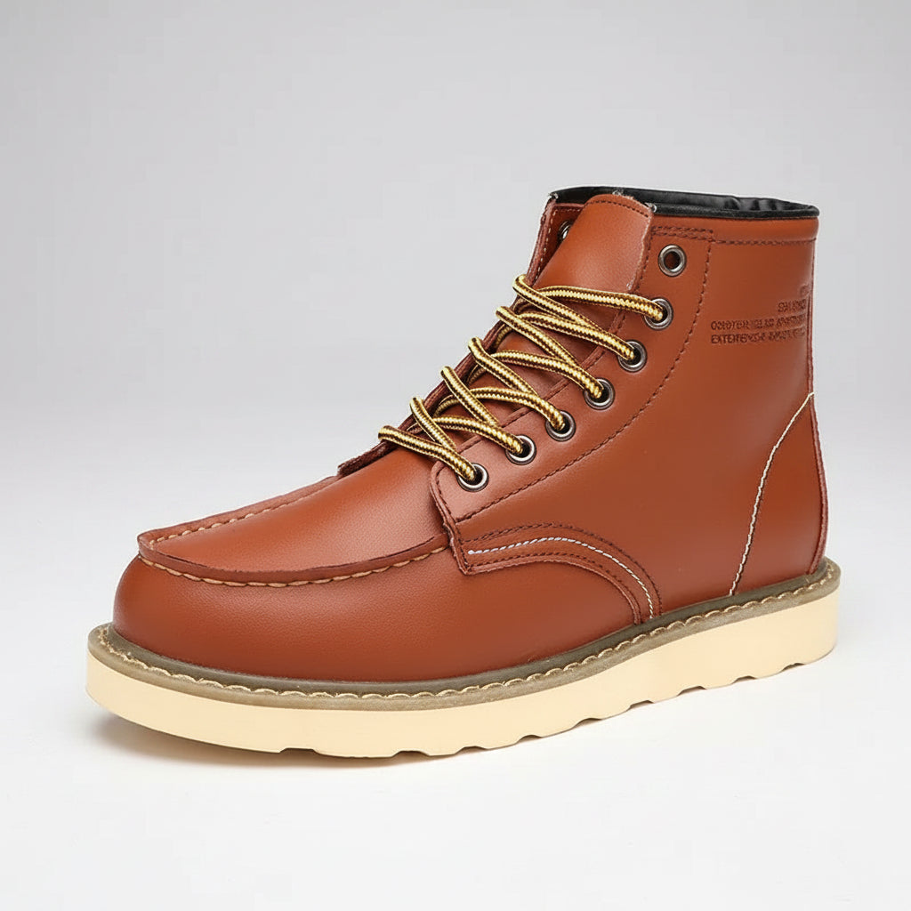 Brown leather boot with gold laces on a white background