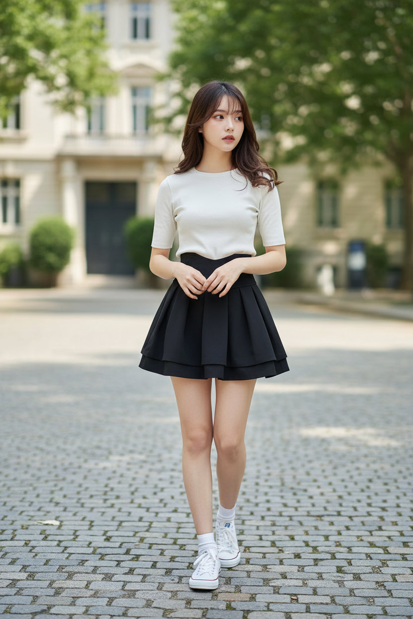 Woman in a stylish outfit with a pink blouse and black skirt in an elegant room.