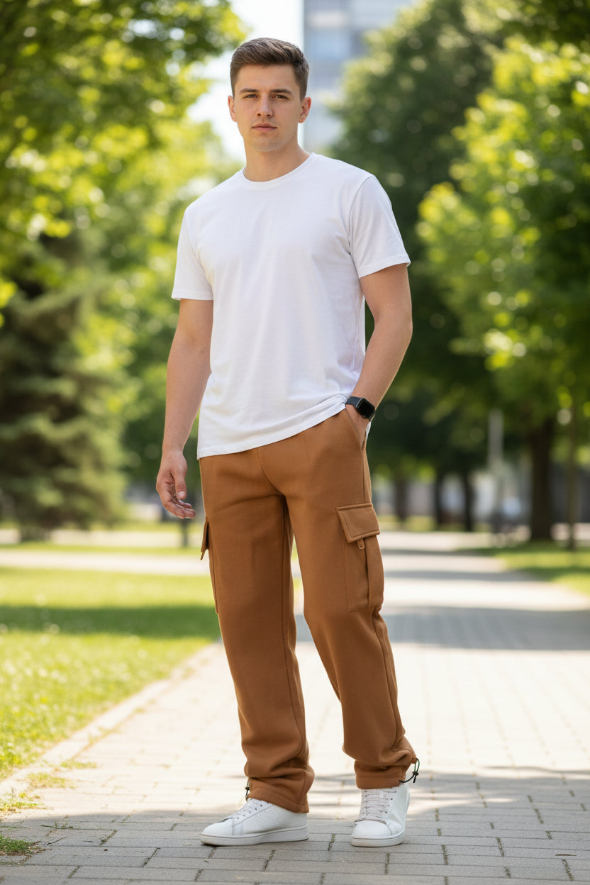 Person wearing brown cargo pants on a white background