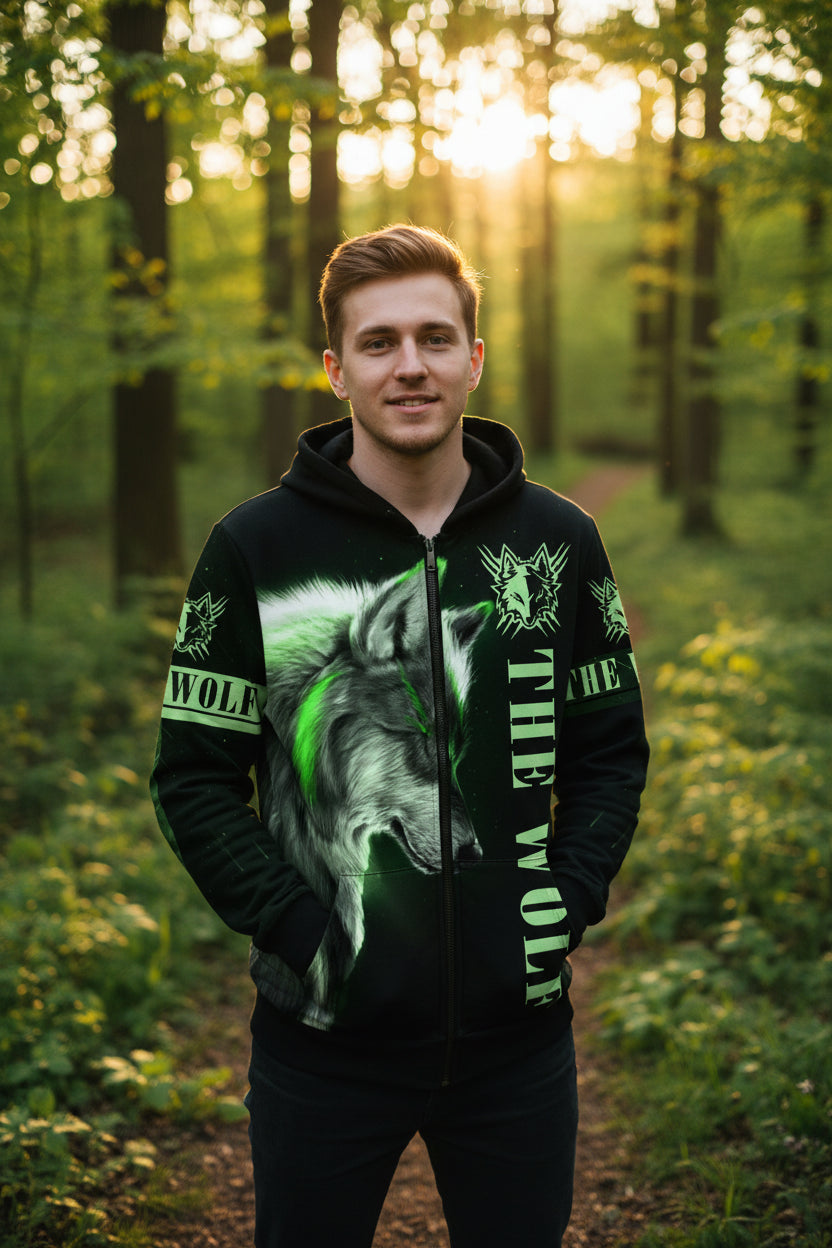 Black hoodie with green wolf design and 'The Wolf' text on a white background