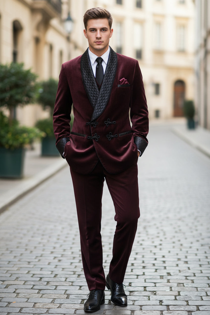 Maroon velvet suit with quilted lapels on a wooden background