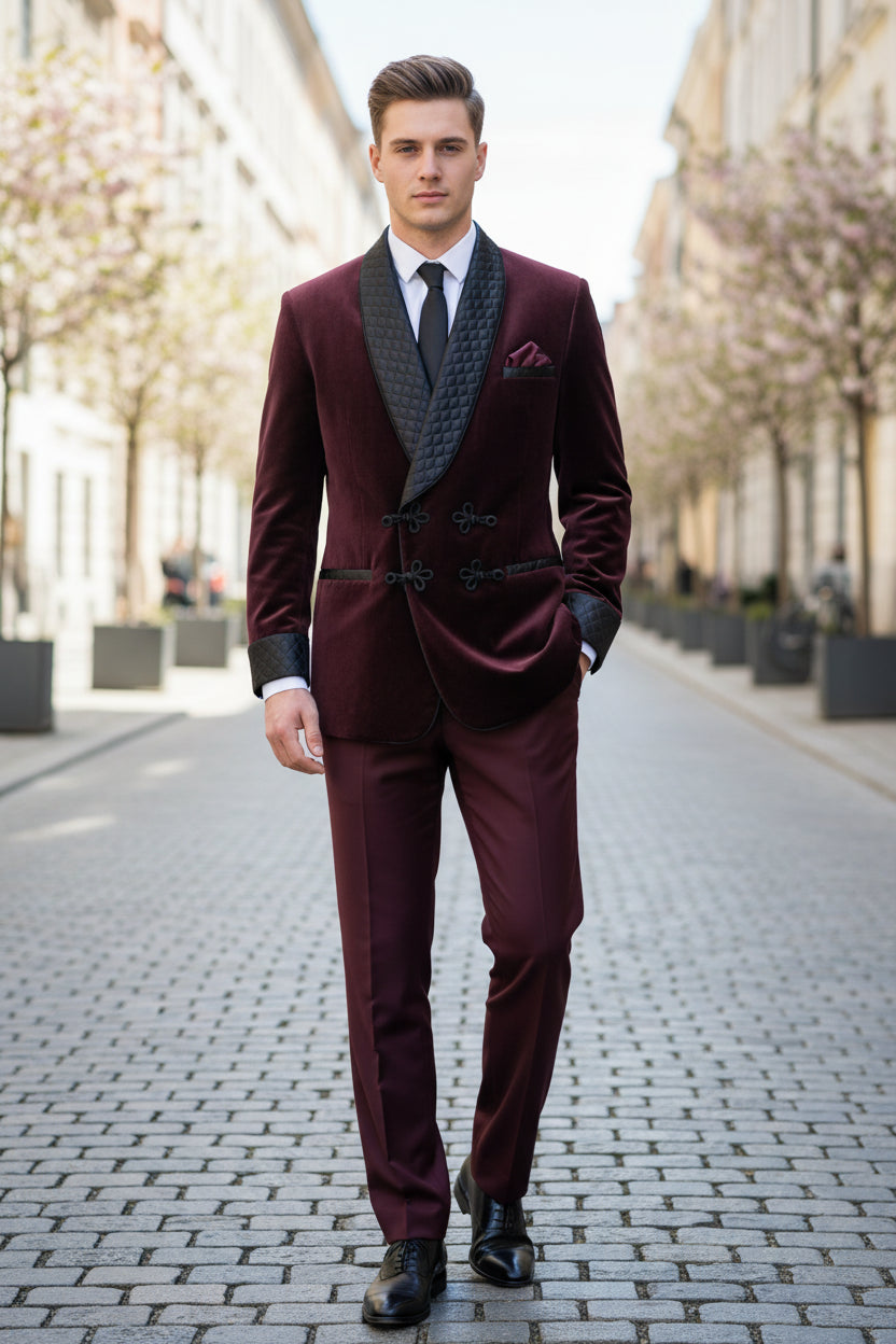 Maroon velvet suit with quilted lapels on a wooden background