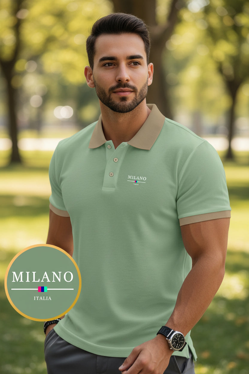 Green polo shirt with 'Milano Italia' logo worn by a person, with a close-up of the shirt.