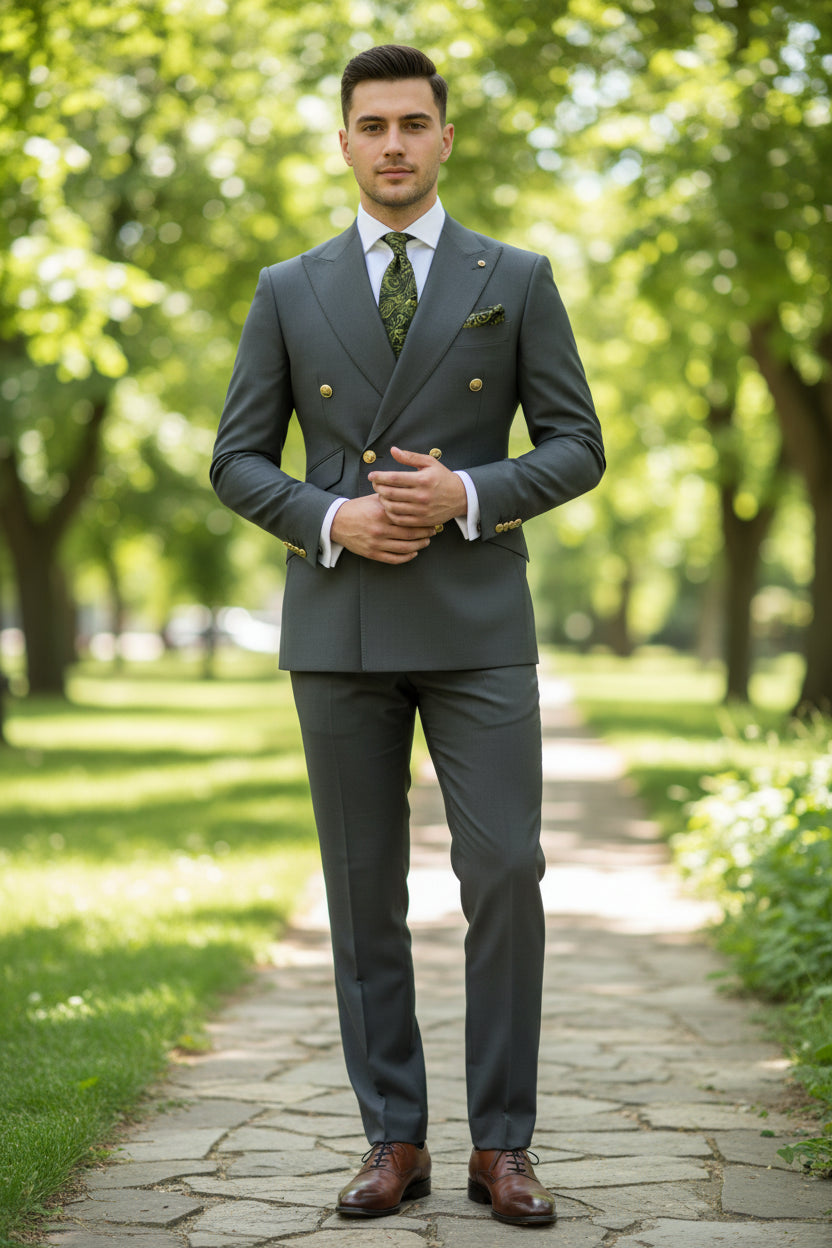 Gray suit jacket with gold buttons and matching pants on a white background