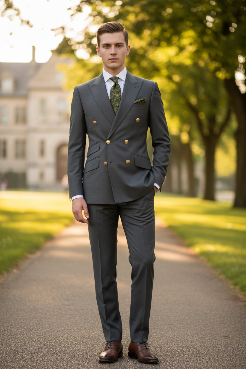 Gray suit jacket with gold buttons and matching pants on a white background