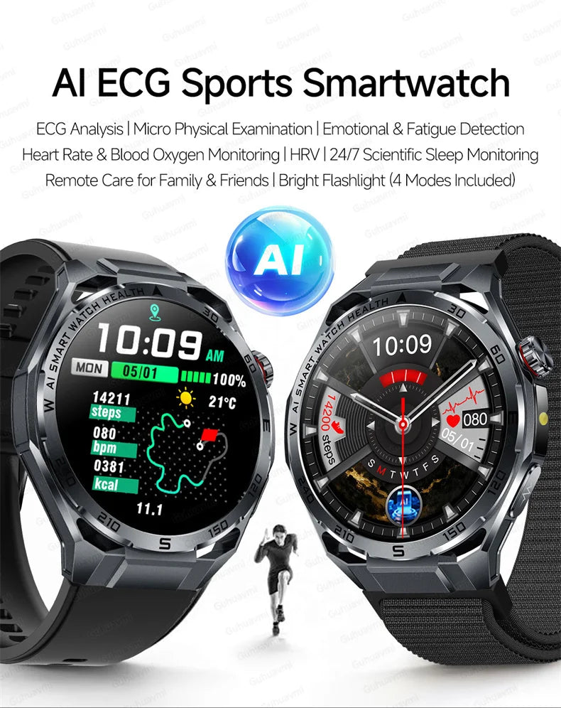 Two AI ECG sports smartwatches with features listed on a white background