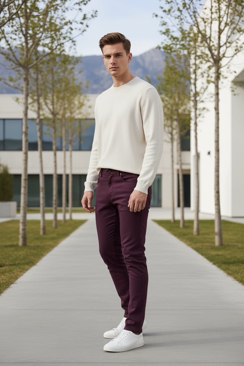 Maroon pants with a zipper pocket on a white background