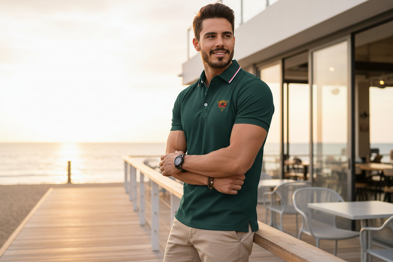 Man wearing a green polo shirt with a logo on a city street