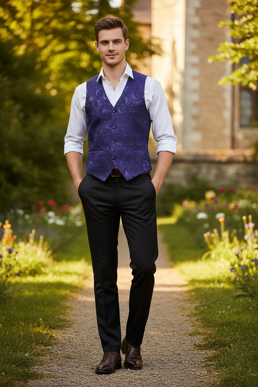 Navy blue patterned vest on a white background