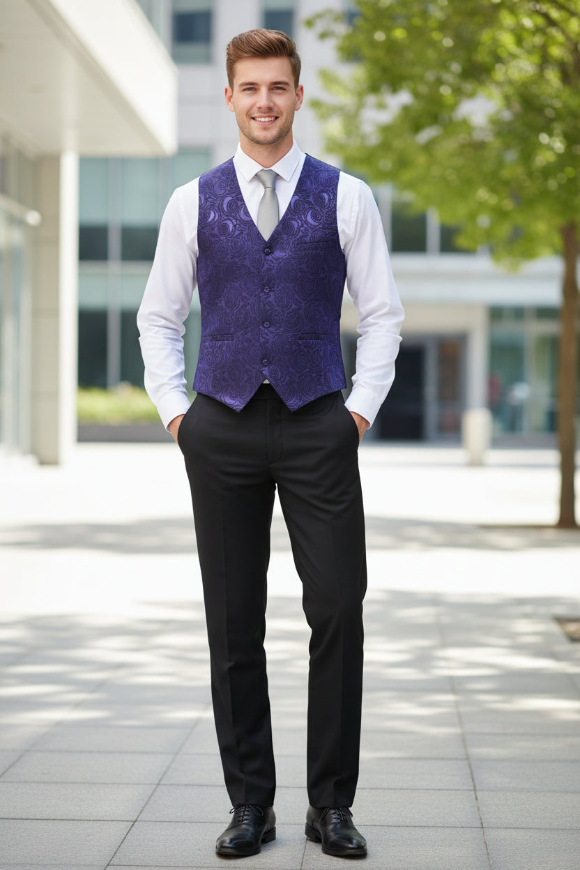 Navy blue patterned vest on a white background