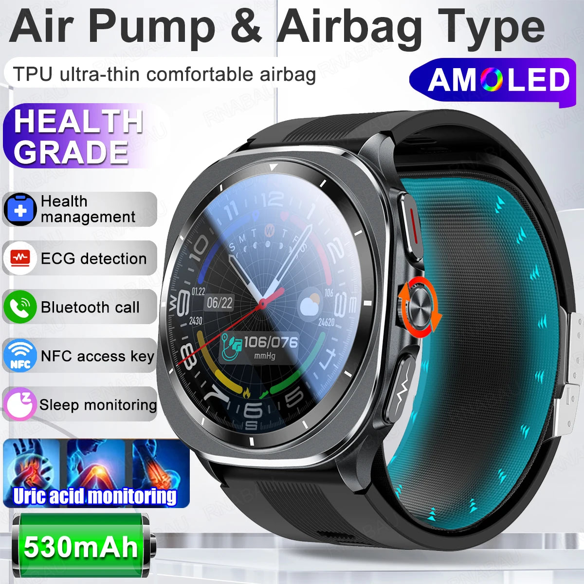 Smartwatch with AMOLED display and health monitoring features on a white background