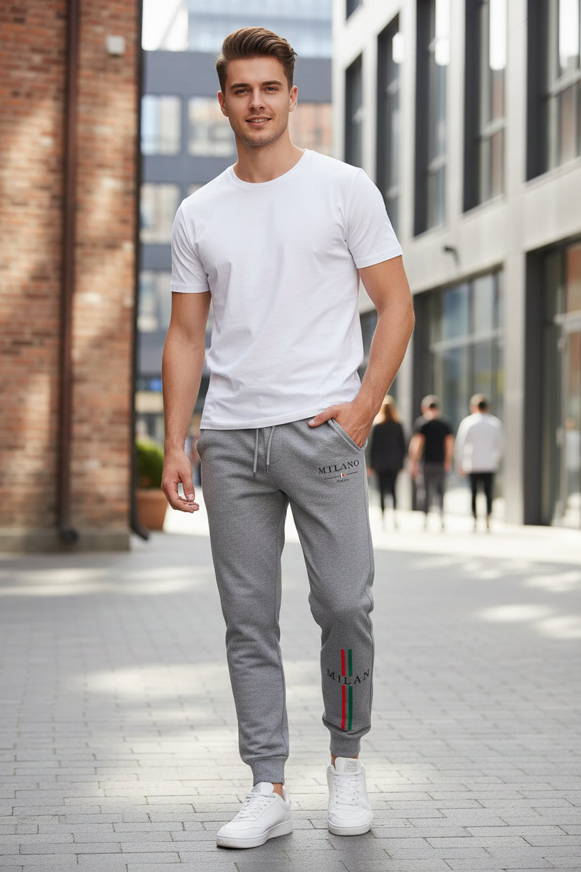 Gray sweatpants with 'Milano' and Italian flag design on a white background