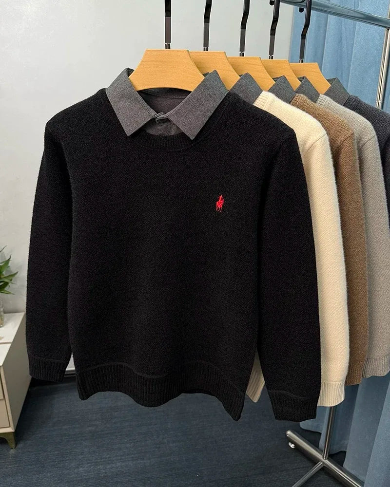 High end trendy pony embroidery men's sweater luxury brand fashion Paul winter velvet warm striped shirt collar knitted pullover