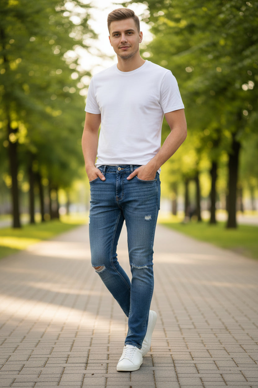 Distressed blue jeans on a white background
