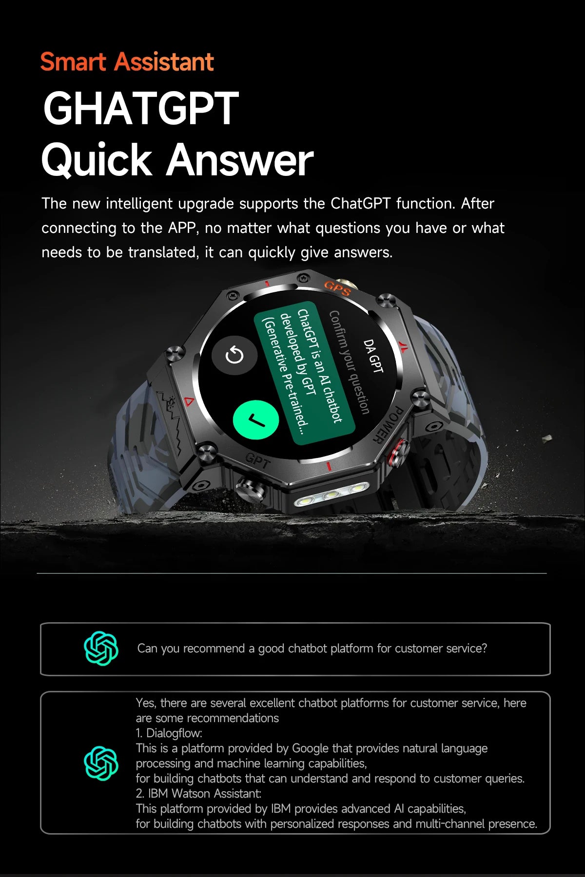 Smartwatch with a digital display showing text on a black background
